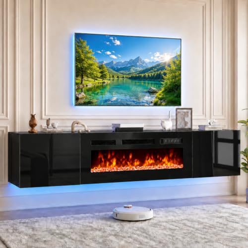 70'' Floating TV Stand with 36" Electric Fireplace, Wall Mounted Entertainment Center with Storage for TVs up to 80", Adjustable 12-Color LED Media TV Console for Living Room,All Black - color: All Black, size: 70 IN