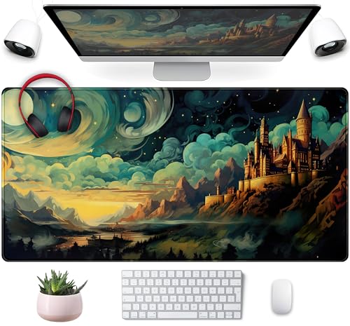 Cool Aesthetic Castle Mouse Pad Desk Pad Cute Cloudy and Starry Desk Mat, Office Desk Decor Anime Mousepad Laptop Keyboard and Mouse Mat, XXL Large Extended Gaming Deskmat for Girl 31.5x15.75 in - color: Colorful Castles