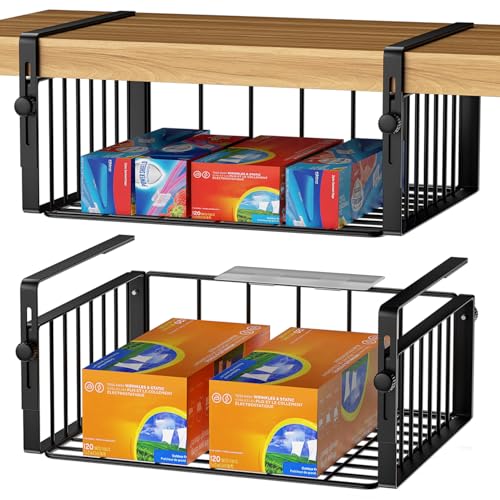 AmonHouseware 2 Pack Hanging Under Shelf Storage Basket,Adjustable Under Cabinet Add-on Storage Racks Slide-in Baskets Organizer for Laundry Room Kitchen Pantry Desk Bookshelf, Black - color: Black