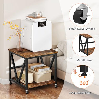 HOOBRO Mini Fridge Stand with 2-Tier Storage Shelf, 19.7” Square End Table, Mini Fridge Table with Wheels and Adjustable Feet, Sturdy Metal Frame for Living Room, Bedroom, Rustic Brown BF01BX01
