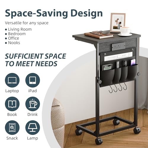 Adjustable Height Couch Table with USB-C Charging Station & Pocket Storage – Compact Couch Stand with Hooks & Wheels for Small Spaces & Living Room, Adjustable C Table (Black) - color: Black