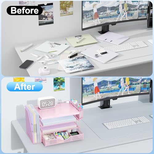 gianotter Wood Desk Organizers and Accessories with File Holder, 4-Tier Desk Accessories & Workspace Organizers with Drawer and 2 Pen Holder, Desk Reference Organizer (Pink, 4T with Metal Drawer) - color: Pink, size: 4T with Metal Drawer