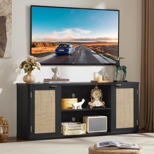 LEYAOYAO Rattan TV Stands for Living Room, Boho Entertainment Center with Storage and Open Shelf, Wood Media Console for 50-65 Inch TV, Black