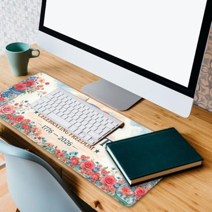 America 250 Gaming Mouse Pad Flowers Floral America Flag Large Gaming Mouse Mat with Stitched Edges,Non-Slip Waterproof Rubber Base Mous Mat 31.5x11.8 Inch - color: America 250, size: 31.5" x 11.8"