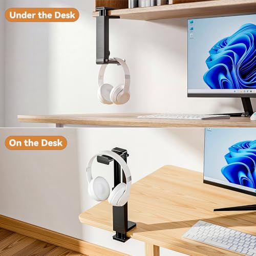 Headphone Stand & Hanger for Desk, 2 in 1 Above & Under Desk Gaming Headset Holder Mount with Height Adjustable & Rotating Clamp, Dual-sided Anti-slip Pad Earphone Rack with Cable Clip Headphone Cases - size: 1 Hooks