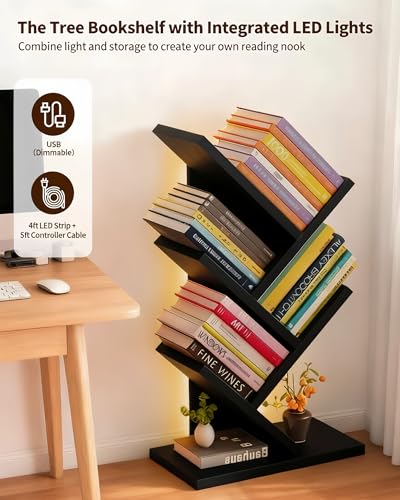 Godferyxin Bookshelf with Liting,Small Bookshelf LED and Desktop Book Shelf Light for Office, Home or School Mini Bookcase for Wood Displaying Books, CDs, Magazines Wood Shelf Rack - color: 5tier-bookshelf Liting Black