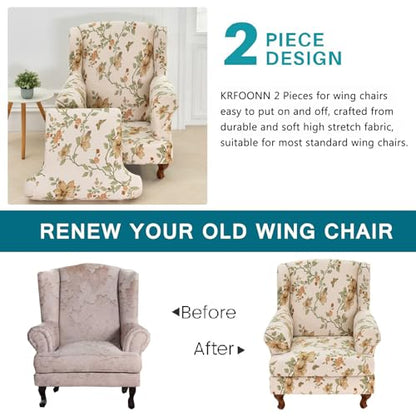 KRFOONN Wingback Chair Covers Slipcovers 2 Piece Stretch Wing Chair Covers Spandex Slipcovers Wingback Sofa Covers Armchair Covers Non-Slip Furniture Protector for Living Room Wingback Chairs, A24 - color: A24