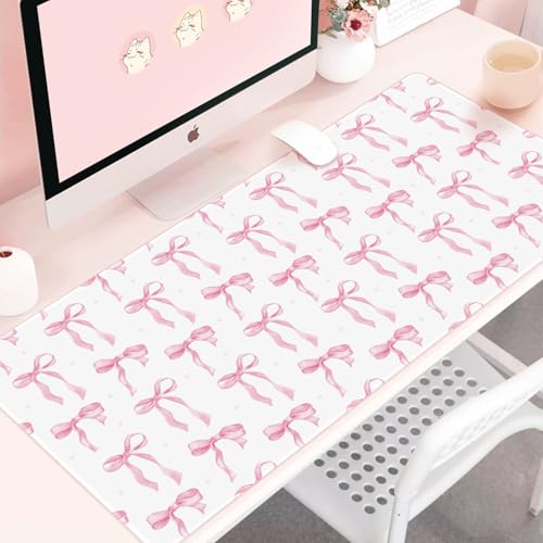 Large Desk Mat with Pink Bows, Cute Mouse Pad Pink Keyboard Mat for Computer Laptop Non-Slip Rubber Base, Girly Office Mat Desktop Pad Office Supplies Accessories for Teen Girls Women 35.4 x 15.7in - color: Pink, size: 35.4" x 15.7"