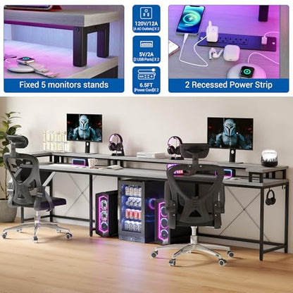 U Shaped Desk with Power Outlet & LED Lights, 79" Reversible Computer Desk with Monitor Stand, Wood Home Office Desks Gaming Desk with Shelving, Side Storage Pockets,Grey - color: Grey Oak