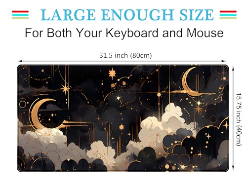 Black and Gold Celestial Desk Mat XXL Extended Gaming Mouse Pad Large Mousepad with Stitched Edges, Laptop Computer Keyboard Mouse Mat Desk Pad for Work Game Office Home Desk Decor 31.5x15.75 in - color: Black and Gold Celestial