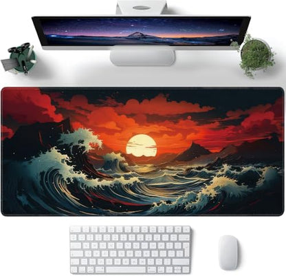 Japanese Sea Wave Large Mouse Pad,Gaming Keyboard Desk Pad,Extended Mouse Mat Non-Slip Rubber Base with Stitched Edges for Office Game Home XXL 35.4"x15.7" - color: Japanese Wave, size: 35.4L x 15.7W inches