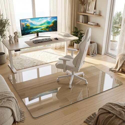 Tempered Glass Chair Mat for Hardwood Floor, 46" x 55" Heavy Duty Glass Office Chair Mat, for Low Pile Carpet, 0.2" Thick with 4 Non-Slip Pads, Smooth Rolling for Home & Office - size: 46" x 55"