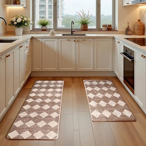 Khaki Beige Moroccan Trellis Checkered Kitchen Rug Sets [2 PCs], Anti-Fatigue, Waterproof Non-Slip Kitchen Mats Heavy Duty Ergonomic Comfort Foam Rug for Floor, Home, Laundry,17"x29"+17"x47" - color: Trellis-khaki & Beige, size: 17.3"x29"+17.3"x47"-0.4"H