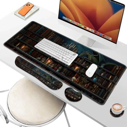 Desk Pad and Keyboard Wrist Rest, Large Mouse Pad + Keyboard Pad+Mouse Wrist Support, Non-Slip Desk Mat Protector for Office, Home 31.5×11.8 Inches Gothic Skeleton - color: Gothic Skeleton
