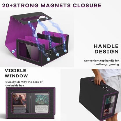 Commander Deck Box for MTG Fits 400+ Double-Sleeved Card Storage, 4 IN 1 Removable Card Case with Multi-purpose Deck Case, Display Window for TCG/PTCG/EDH, 4 Magnetic One Touch Holders(Black Purple) - color: Black Purple