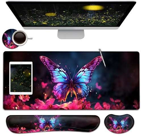 Large Mouse Pad + Keyboard Wrist Rest Set, Extended Gaming Mousepad (31.5X11.8 inch) with Non-Slip Rubber, Ergonomics Memory Foam Mouse Wrist Rest Support, Colorful Butterflies Pattern XXL Desk Pad - color: Yu-Mouse Pad-3-B48