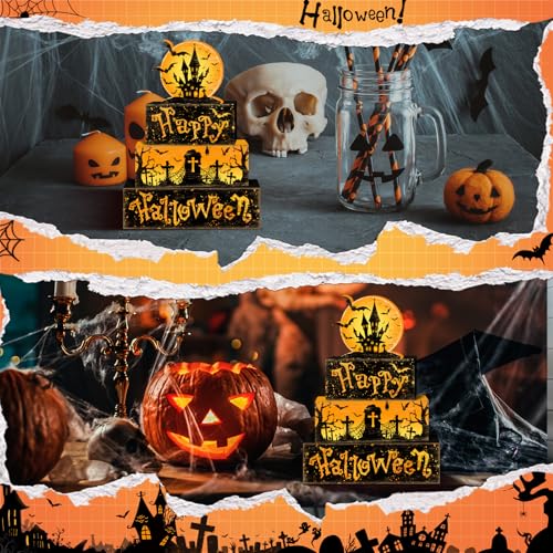 Britimes 4 Pcs Halloween Decorations for Home Wooden Tiered Tray Decorations Set Full Moon Happy Halloween Table Decor Farmhouse Rustic Tabletop Decor for Table & Home Office - style: Haunted House