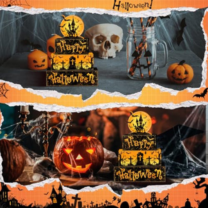 Britimes 4 Pcs Halloween Decorations for Home Wooden Tiered Tray Decorations Set Full Moon Happy Halloween Table Decor Farmhouse Rustic Tabletop Decor for Table & Home Office - style: Haunted House