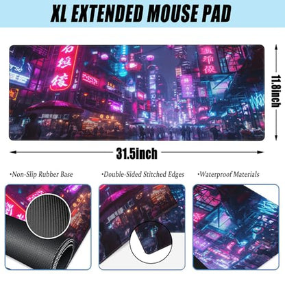 Desk Mat,Cyberpunk Neon City Large Gaming Mouse Pad for Desk XL,Futuristic Night Street Desk Pad,Extended Big Computer Keyboard Mouse Pad with Non-Slip Base and Stitched Edge 31.5"x11.8" - color: Cyberpunk Neon City, size: XL-31.5"x11.8"