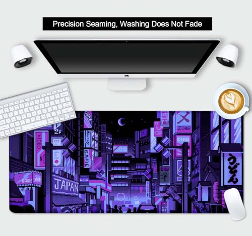 Dark Purple Japanese Anime Desk Mat, Retro Vaporwave Large Gaming Mouse Pad for Laptop Computer, Neon Tokyo Street Pixel Art Full Desk Mouse Pad, XXL Skyline City Mousepad- 35.4 x 15.7 Inch - color: Neon Tokyo Street Pixel Art