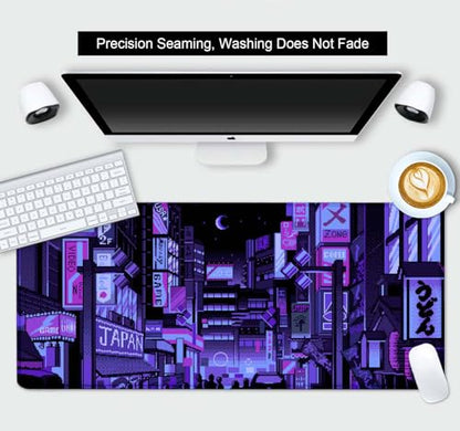 Dark Purple Japanese Anime Desk Mat, Retro Vaporwave Large Gaming Mouse Pad for Laptop Computer, Neon Tokyo Street Pixel Art Full Desk Mouse Pad, XXL Skyline City Mousepad- 35.4 x 15.7 Inch - color: Neon Tokyo Street Pixel Art