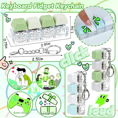 2 PCS 4-in-1 Keyboard Fidget Toy Keychain, Finger Clicky Button Toy Stress Relief Keychain with Swappable Keycaps, Mini Mechanical Key Fidget for Office Desk Focus Gifts (Green Blue White) - color: Green Blue White