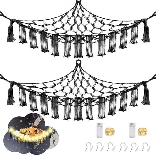 CERETIA Stuffed Animal Hammock with LED Light, Large Stuffed Animals Storage Corner Plushie Net for Kids Room Decor, 2 Packs Black - color: Black, size: Large-(Package of 2)