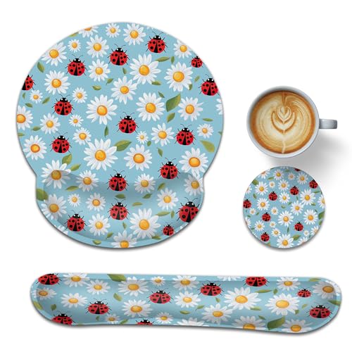 Ladybug Wrist Rest Mouse Pad and Keyboard Support Set,Daisy 3 in 1 Ergonomic Memory Foam Mousepad with Non Slip Base, Gaming Mouse Pad for Office and Home - color: Ladybug Daisy