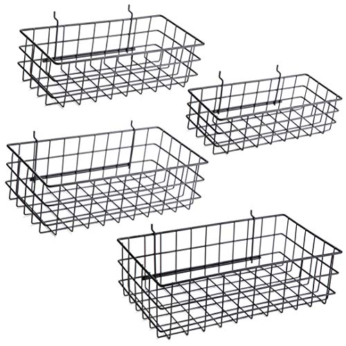 Pegboard Baskets, Set of 4 Black - Hooks to Any Peg Board - Pegboard Accessories, Square Style Wire Shelf Baskets - Organize Tools, Workbench, Garage Storage - Wall Organizer Attachments - size: a. Sizes S+M+L+XL Pack