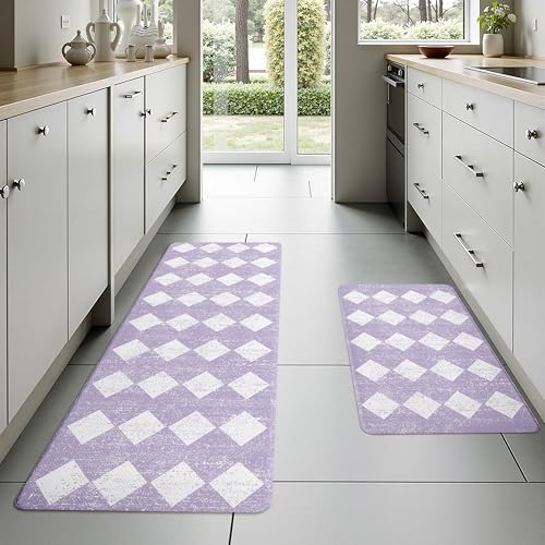 Moroccan Trellis Purple Checkered Kitchen Rug Sets [2 PCs], Anti-Fatigue, Waterproof Non-Slip Kitchen Mats Heavy Duty Ergonomic Comfort Foam Rug for Floor, Home, Laundry,17"x29"+17"x47" - color: Trellis-purple, size: 17.3"x29"+17.3"x47"-0.4"H