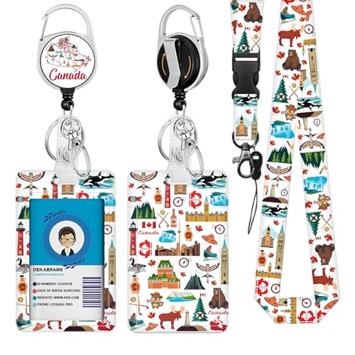 Canada Lanyards for ID Badge, Lanyard ID Card Holder with Retractable Reel Clip and Keychain, Vertical Heavy Duty Identity Badge Cover Case Protector for Teacher Nurse Women Men - color: Canada-white