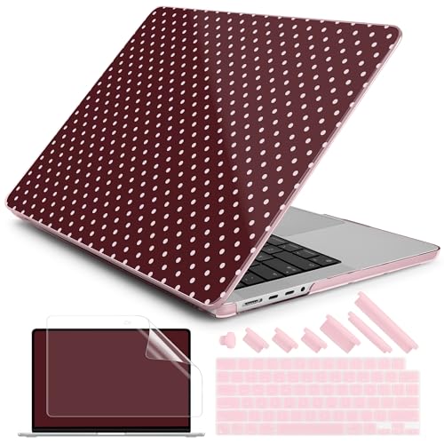 DONGKE Case for MacBook Pro 14 Inch (2026-2021 Release, M5 M4 M3 M2 M1 Pro/Max Chip), Plastic Slim Hard Shell Protective Cover with Keyboard Cover & Screen Protector, Burgundy Polka Dots - color: Burgundy Polka Dots
