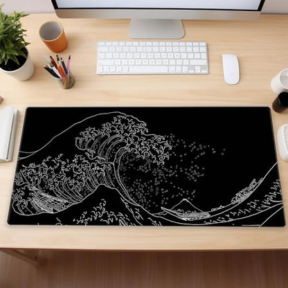Great Wave Desk Mat, Black White Line Art Large Gaming Mouse Pad | Minimalist black and white wave desk pad with 3mm dense cushion, smooth cloth top, and non-slip rubber foundation. - color: Ukiyo-e of the Waves