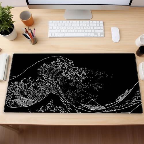 Great Wave Desk Mat, Black White Line Art Large Gaming Mouse Pad | Minimalist black and white wave desk pad with 3mm dense cushion, smooth cloth top, and non-slip rubber foundation. - color: Ukiyo-e of the Waves