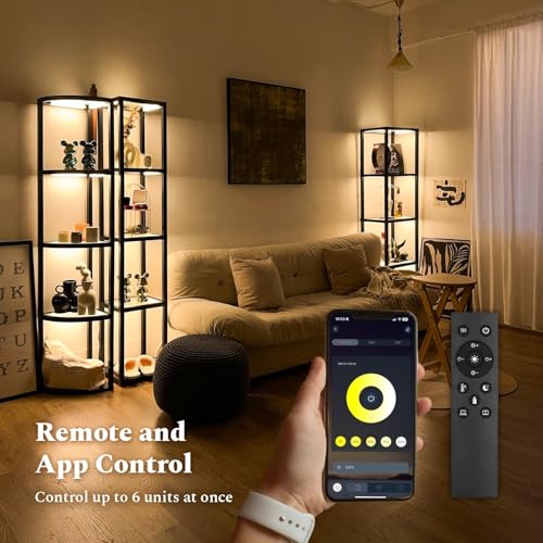 Glass Display Shelf with Remote/APP Control, Curio Cabinet for Collectibles with Light, Modern Shelf Floor Lamp with Adjustable Color Temps for Living Room, Bedroom
