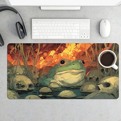 Game Mat with Magical Frog Skull Jungle Fire Theme, 35.4 x 15.7 Inches, Non-Slip, Wear-Resistant, Double-Stitched Edges, Multi-Use Desk Protector - color: Frogs and Skulls Jungle Fire