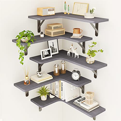 Fixwal Corner Floating Shelves Set of 5, Rustic Wood Wall Mounted Corner Shelf for Bathroom, Kitchen, Bedroom, Home Decor, Laundry Room, Living Room(Gray) - color: 4-gray