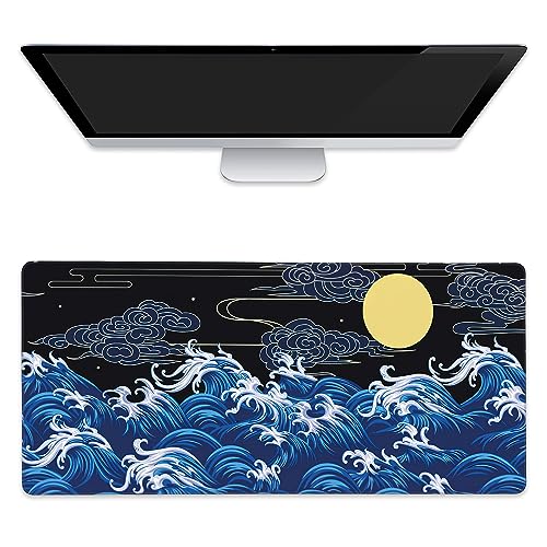 Large Mouse Pad Decorative Waves in Oriental Style Extended Gaming Mouse Pad Desk Mat Stitched Edges Mousepad Non-Slip Rubber Base Keyboard Pad for Laptop Computer PC 35.4 x 15.7 inches - color: Decorative Waves in Oriental Style