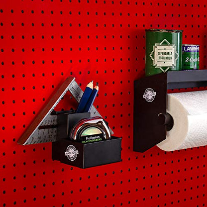 Tape Measure Holder for Pegboard - Includes Pencil Box and Carpenter Square Triangle Holder – Black Pegboard Organizer Accessories with Heavy Duty Peg Board Hooks - 16 Gauge Steel
