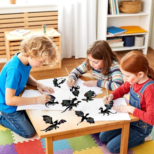 LUUFILx 80 Pcs Dragon Scratch Cards Dragon Birthday Party Decorations Colorful Rainbow Scratch Paper Art with Wooden Stylus for Birthday Party Classroom DIY Activities - style: Dragon