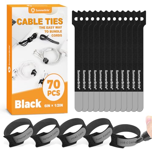 SummerBrite 70 Pack Black Cable Ties 6 Inch with Writable Labels, Reusable Cable Management Straps, Hook and Loop Cord Organizer for Home Office, PC Desk Setup, Electronics & Travel Wire Management - color: Black, size: 6IN