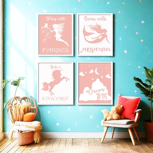 Play With Fairies Ride A Unicorn Swim With Mermaids Dream Big Quotes for Girl's Bedroom Empowerment, Nursery Wonder, Playroom Adventure, Birthday Party Pink Room Accent, Young Dreamer Surprises, Birthday Magic Gifts - 8x10 Unframed Glossy Print Set - styl