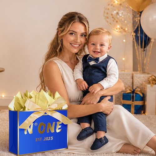 JWSCYSY 1th Blue Birthday Gift Bag with Card, Tissue Paper and Ribbon for Baby Boys First Birthday Party Favor, Presents Wrapping (12.6" EST 2025) - color: 1TH