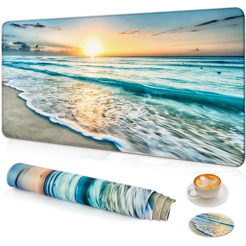 Large Gaming Mouse Pad with Coaster,Desk Matt for Desktop,Desk Mat-Beach | Desk Pad,XXL Cute Desk Mat Cover for Computer Keyboard Laptop Women Office Home Decor, 31.5'' x15.6'' - color: B1-Beach