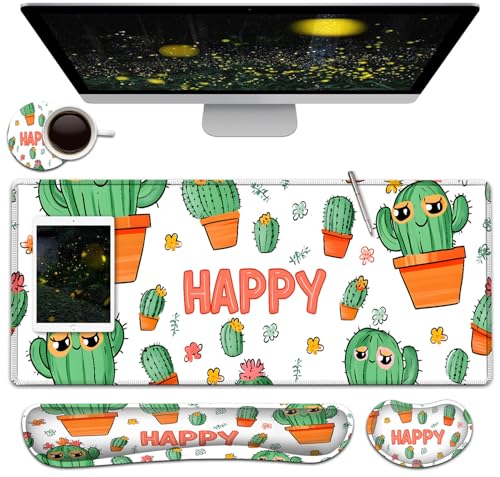 Large Mouse Pad + Keyboard Wrist Rest Set, Extended Gaming Mousepad (31.5X11.8 inch) with Non-Slip Rubber, Ergonomics Memory Foam Mouse Wrist Rest Support, Cute Cactus Pattern White XXL Desk Pad - color: Yu-Mouse Pad-3-B31