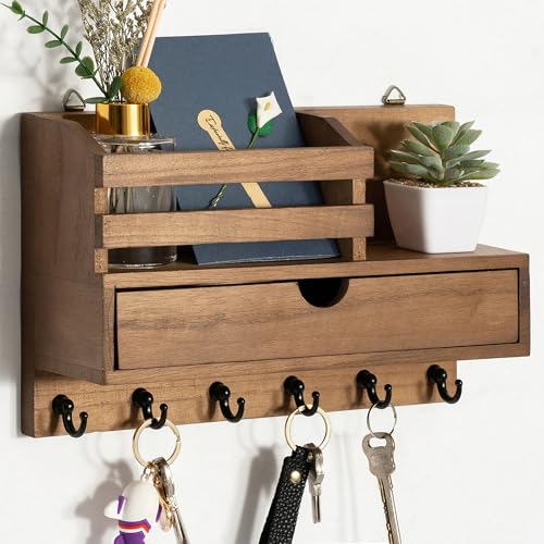 dreampossible Key and Mail Holder for Wall, Mail Organizer Wall Mount with 6 Hooks and Storage Drawer, Wooden Key Rack Hanger with Shelf for Entryway and Home Decor - color: Brown, size: Standard(11.6''x7.9'')