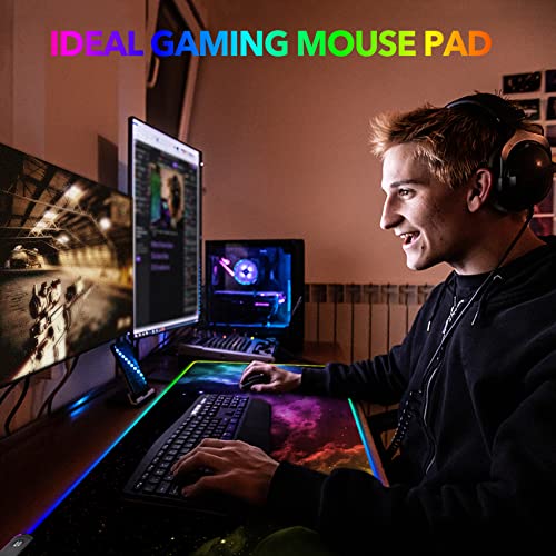 AIMSA Large RGB Gaming Mouse Pad, Keyboard Mousepad Led Extended 35.4 x 15.8 inch Non-Slip Rubber Base with 14 Lighting Modes, Big Desk Mat Waterproof, Nebula Universe - color: Nebula Universe