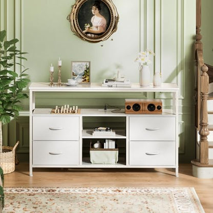 Huuger 47 Inch TV Stand Dresser with Power Outlets and LED Lights, 4 Drawers Entertainment Center with Open Shelf, Media Console for 55 50 Inch TV, Dresser with PU Finish, White - color: White, size: 47.2 Inches