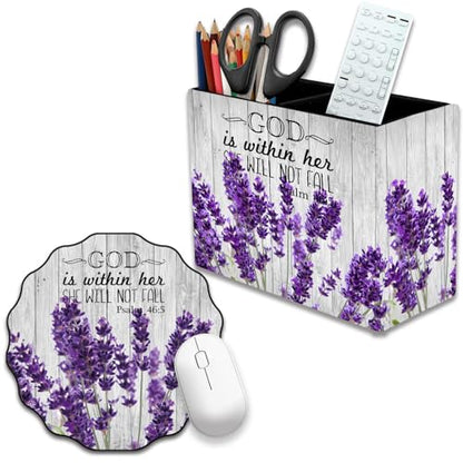 Pen Holder and Anti-Slip Mouse Pad Combination, Makeup Brush Storage Box, Tableware Storage Box, Suitable for Office and Home - Lavender Psalm 46:5 - color: Lavender Psalm 46:5