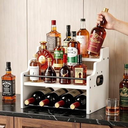 4-Tier Wood Display Shelf Wine Rack for 16 Bottles Wood Coffee Syrup Organizer with Handles Home Whiskey Shelf Retro Mini Liquor Cabinet Spice Rack Coffee Bar Shelves, White - color: White